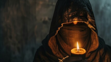 Wall Mural - man in a hoodie and a burning candle in a dark room