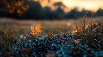 Wall Mural -  A tight shot of a single leaf atop blades of grass Background consists of trees in the distance with a soft, blurred appearance