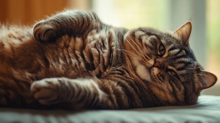 Wall Mural - A close-up of a chubby cat with a playful expression, lying on its back and showing its rounded belly and relaxed posture.