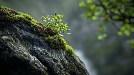 Wall Mural -  A rock with a plant sprouting from its peak, against a backdrop of a cascading waterfall