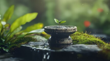 Sticker -  A tiny green shoot emerges from a moss-covered stone fountain in a garden's mossy expanse