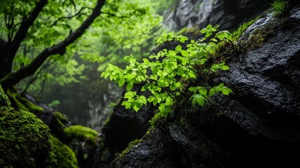  A green plant emerges from a rock wall in a forest, moss covering the surrounding stones