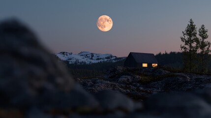  A tiny house perched atop a rocky hill, bathed in full moonlight, against a backdrop of mountain ranges