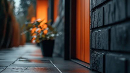 Sticker -  A potted plant against a brick wall, adjacent to an orange-glowing background