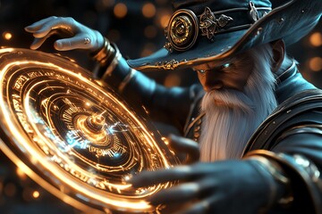 Poster - A powerful wizard with a long white beard, in a dark blue coat and golden hat, casts a spell with glowing golden runes.