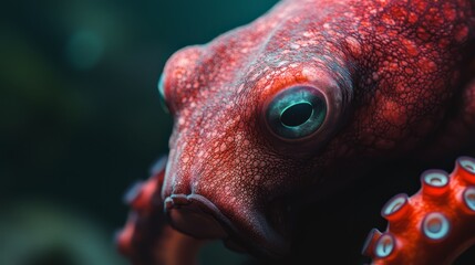 Wall Mural -  A tight shot of a red-and-black animal with a lamp illuminating its face An octopus resides in the backdrop