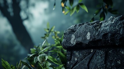 Wall Mural -  A stone wall stands amidst the forest, behind it, a solitary tree emerges against a misty, foggy sky