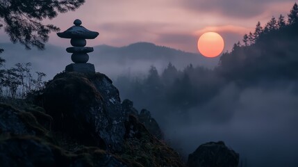 Wall Mural -  A stack of rocks atop a mountain, beside a foggy forest Sun distances