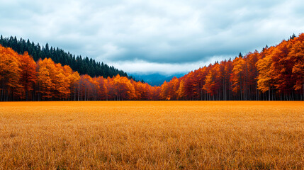 Poster - Autumnal Forest Landscape with Golden Field and Dramatic Sky