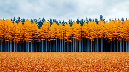 Canvas Print - Stunning Autumn Forest Scene with Golden Trees and a  Field of Fallen Leaves