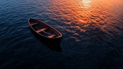  A small boat floats on a tranquil body of water as an orange and blue sun sets