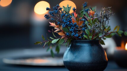 Wall Mural -  A tight shot of a vase on a table, candles lurking in the background, and blossoms in the foreground