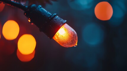 Canvas Print -  A tight shot of a string of lights with a hazy backdrop of intermingled lights in the depth of field