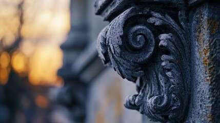 Sticker -  A detailed view of a decorative design on a building's side, surrounded by a blurred backdrop of trees and structures