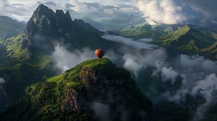 Wall Mural -  A hot air balloon atop a verdant mountain, surrounded by clouds and distant mountain ranges in the background