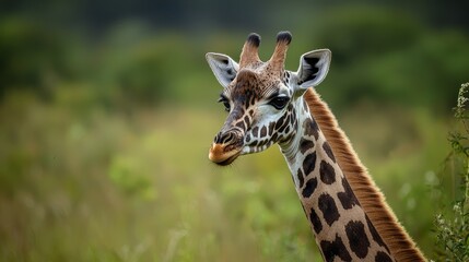 Wall Mural -  A tight shot of a giraffe's face amidst tall grasses and trees in the backdrop