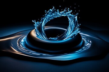Poster - A single drop of water creates a perfect circular wave on a dark surface, illuminated by a blue light.