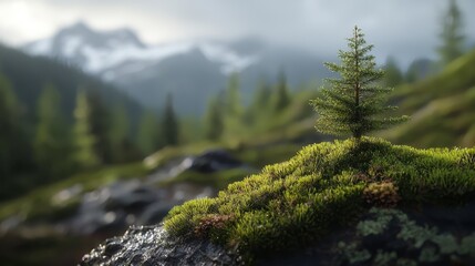 Wall Mural -  A tiny pine tree atop a moss-covered rock, centered in a forest backdrop with mountains