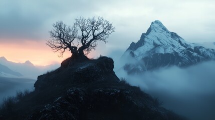 Wall Mural -  A solitary tree crowns a mountaintop against a foggy backdrop, with a distant mountain visible