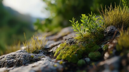 Wall Mural -  A tight shot of a rock bearing moss and a plant sprouting from its crevices, while grass emerges between the surrounding stones