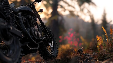 Wall Mural -  A tight shot of a motorbike at rest in a meadow, adorned with blooming flowers in the front, and trees in the distance