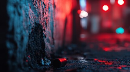 Wall Mural -  A tight shot of a wall corner with a backdrop of a red light and a solitary red light at its terminus