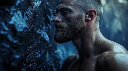 Poster -  A bearded man, bare-chested, stands before a stony backdrop and a cascading waterfall behind him