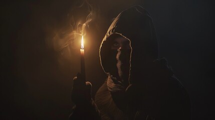 Wall Mural - man in a hoodie and a burning candle in a dark room