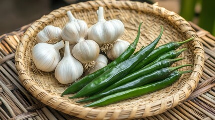 Aufkleber - A close-up of a handful of whole garlic bulbs and fresh green chilies, placed on a woven bamboo tray, emphasizing their organic origins.