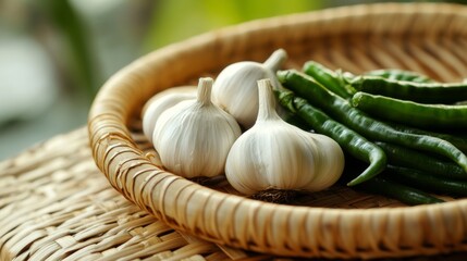 Aufkleber - A close-up of a handful of whole garlic bulbs and fresh green chilies, placed on a woven bamboo tray, emphasizing their organic origins.
