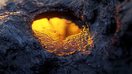 Wall Mural -  A tight shot of a rock's hole emitting a yellow light from its core