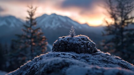 Wall Mural -  A small tree atop a snow-covered hill against a sunset backdrop and distant mountains