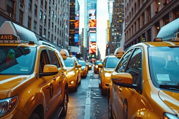 Sticker - a city street filled with lots of yellow taxi cabs