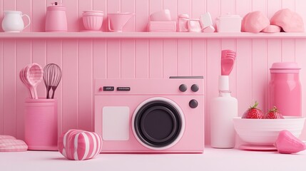 A pink kitchen with a vintage-style oven, utensils, and decor. Perfect for a feminine and stylish kitchen design.