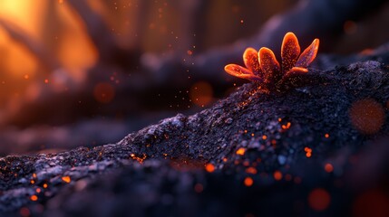 Wall Mural -  A tight shot of a small orange bloom atop a rock, surrounded by a hazy backdrop of trees