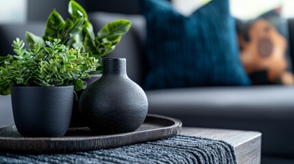 Sticker -  Two black vases atop a table, next to a green plant on a wooden tray