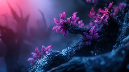 Wall Mural -  A tight shot of a tree branch adorned with purple blossoms against a backdrop of a glowing red light