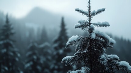 Wall Mural -  A pine tree, blanketed in snow, stands before a mountain shrouded in fog The foreground presents smudges of snow