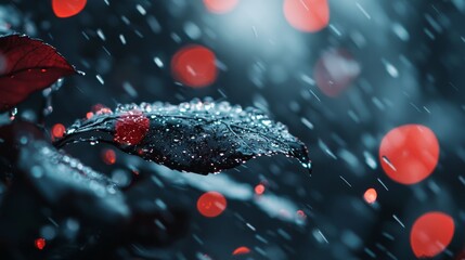 Sticker -  A tight shot of a red and black umbrella amidst rain, background blurred with red and black leaves