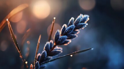  A tight shot of a blue plant, its leaves dotted with water droplets, against a softly blurred backdrop