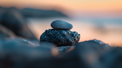 Canvas Print -  A sunset behind a body of water backdrops a rock pile on the beach