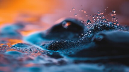 Sticker -  A tight shot of water droplets on a body of water's surface, backdrop hued in orange and blue