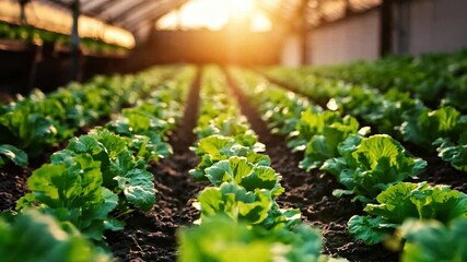 Poster - Rows of vibrant green lettuce thrive in rich soil as the warm evening sunlight filters through the greenhouse.