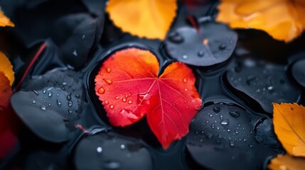 Poster -  A red leaf floats atop still water, drips of water dotting the ground beside it