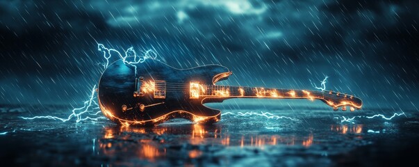 Electric guitar in a stormy night with lightning.