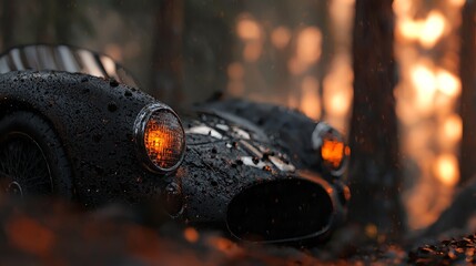 Canvas Print -  A tight shot of a car resting on forest floor, rain beading on tires Headlights casting subtle light through mist