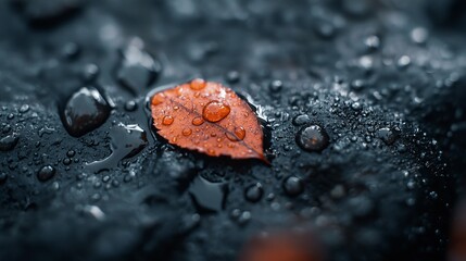 Wall Mural -  A lone orange leaf atop a black background, adorned with water droplets, and a black surface below, dotted with similar droplets