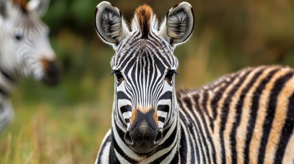 Wall Mural -  Two zebras standing side by side on a verdant green field, adjacent to a tall grass expanse