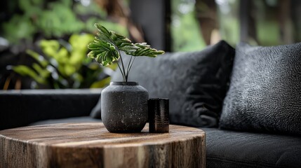 Wall Mural -  A small potted plant atop a wooden table, near a black couch in a living room