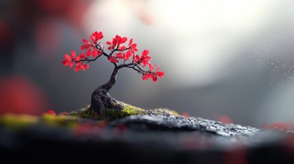 Poster -  A small red-leaved tree emerges from its trunk atop a mossy rock, contrasting the indistinct background